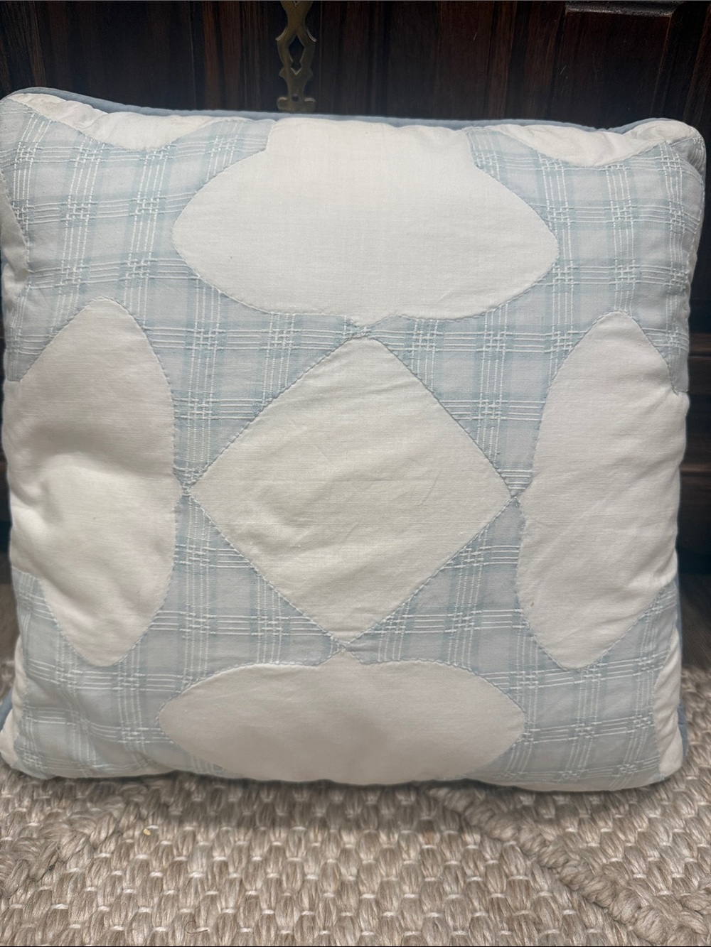 Vintage Quilt Blue Plaid Decorative Throw Pillow with White Appliqué
